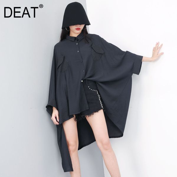 

eam] 2019 new spring summer lapel long sleeve black irregular hem back long loose big size shirt women blouse fashion jt16, White