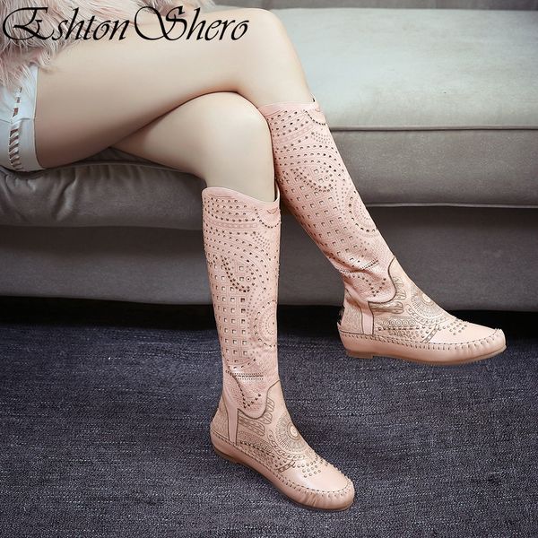 

eshtonshero autumnshoes woman knee high boots genuine leather+pu flat heel slip on cut outs ladies party boots size 34-40, Black