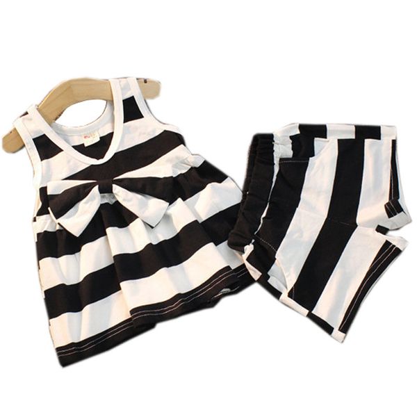 

2021 kids clothes girls baby summer toddler bow striped outfits 100% clothes dress cotton short set b37, White