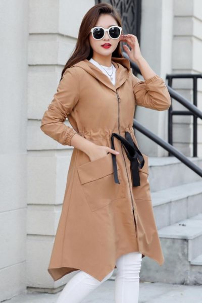

spring autumn new fashion women plus size thin hooded loose long trench coat easy leisure personality with windbreaker women 7xl, Tan;black