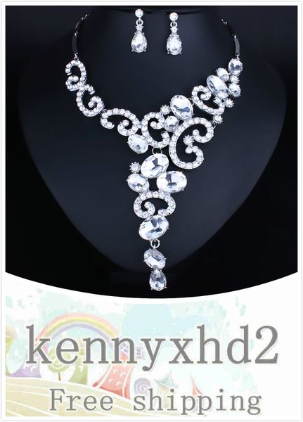 

european and american oval crystal necklace earrings two-piece temperament bride full diamond wedding jewelry set, Silver