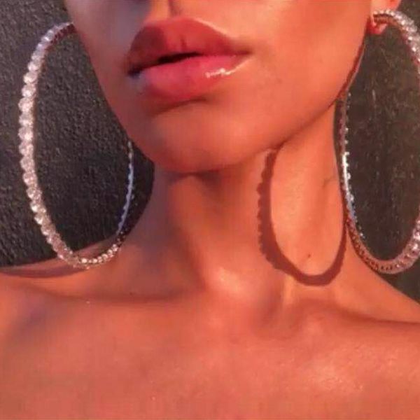 

stonefans punk rhinestone big hoop earring gold silver for women simple crystal circle round earrings jewelry statement gift, Golden;silver