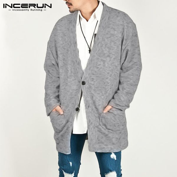 

incerun autumn men cardigan long sleeve button up pockets streetwear solid color cardigan loose outerwear men sweater coats 2019, White;black