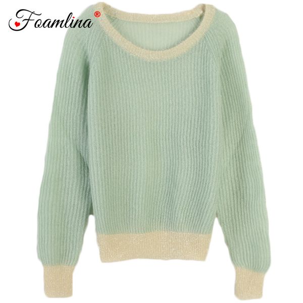 

foamlina 2019 women's knitted sweater round neck long-sleeved color block mohair patchwork thin knitted pullover sweater, White;black