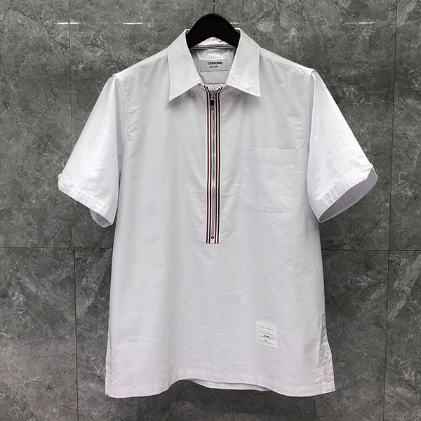 

2020 fashion tb brand shirts men slim white short sleeve casual shirt oxford pullover zipper cotton solid men's clothing, White;black