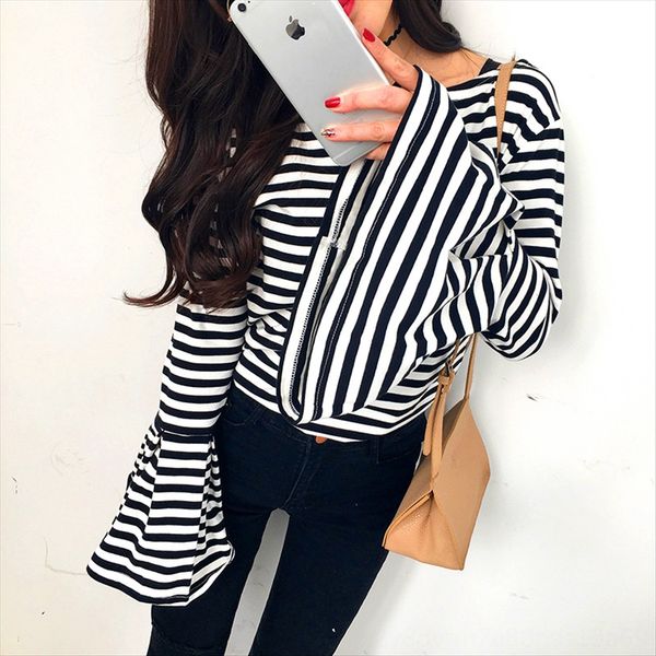 

autumn loose slim striped trumpet long t- clothing uniform student uniform sleeve overcoat korean fan pullover student base shirt t-shirt fe, White
