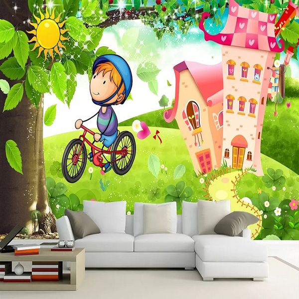 

custom large mural 3d wallpaper nordic modern cartoon boy cycling house child bedroom mural tv back wall decor deep 5d embossed
