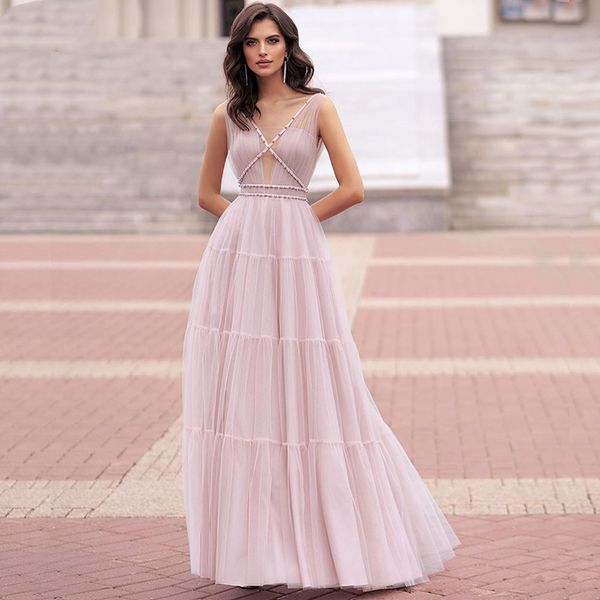 

verngo a line evening dresses long sleeveless pink tulle evening dress elegant prom dress vestido de festa formal party gown, White;black