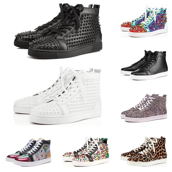 

designer fashion luxury red bottom studded spikes flats shoes for men women glitter party lovers genuine leather casual shoes, Black