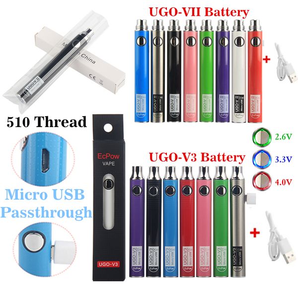 Authentic EVOD 510 Thread Battery Battery Pen Ugo V3 Variabile Votaggio Preriscaldamento Kit Ego Micro USB PassHrough UGO-V II 2 Batterie