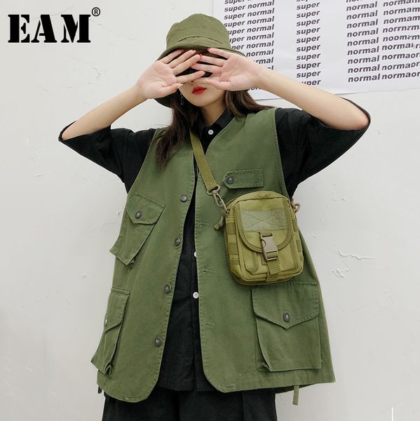 

eam] loose fit big pockets big size vest new v-neck sleeveless women fashion tide cool all-match autumn winter 2019 jz140, Black;white
