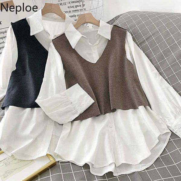

women's blouses & shirts neploe spring women blouse sets solid long sleeve turn down collar blusas + knitted v-neck sleeveless vest kor, White