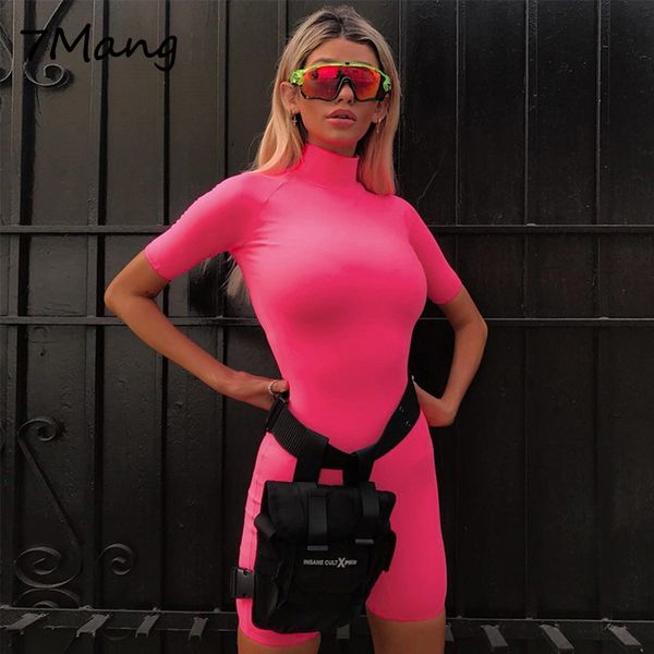 

7mang 2018 summer shealth playsuits women fluorescent color long sleeve skinny bodycon party club pink bodysuit 1211, Black;white