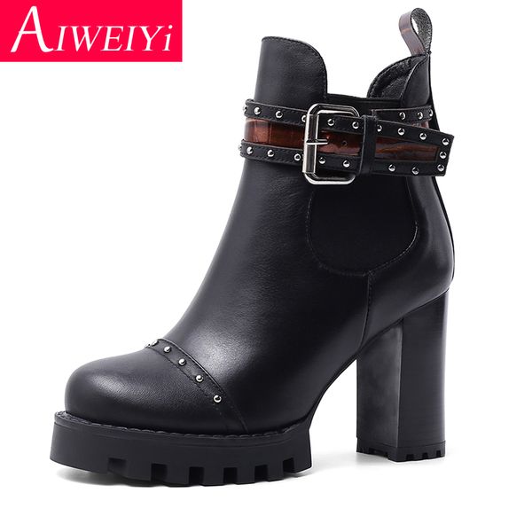 

woman cow leather ankle boots genuine leather platform boots buckle design autumn winter block high heels, Black