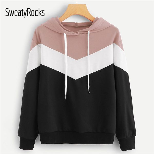 

sweatyrocks casual colorblock drawstring hoodie sweatshirt long sleeve pullover 2018 autumn women active wear sweatshirts, Black