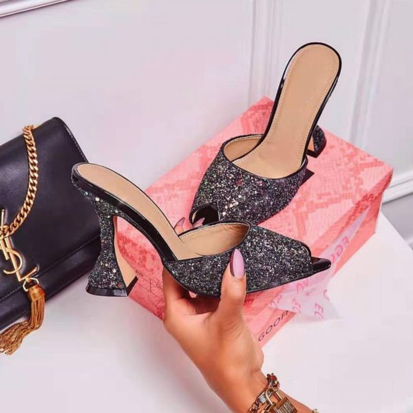 

nice woman glitter wedding platform slippers block high heels silver gold mules sequined cloth lady party club bling shoes, Black