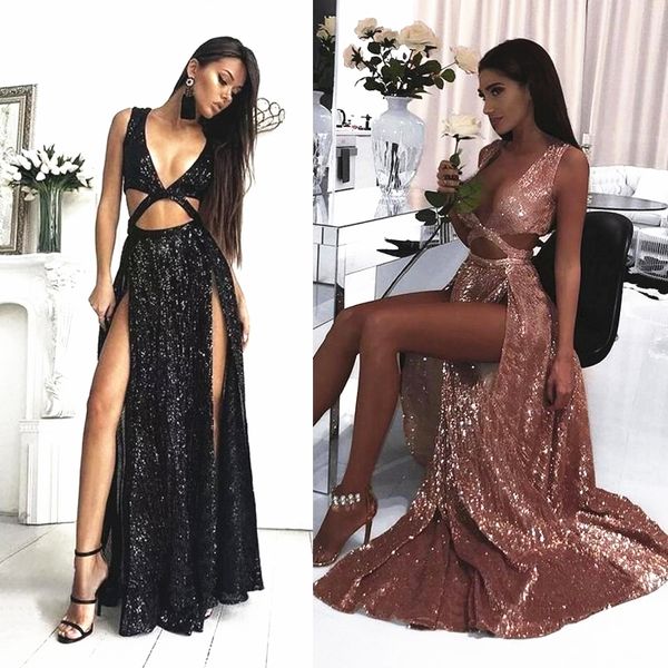 

длина сексуальный стиль sparkly блестки розового золота пром платья high split hollow лиф длинные пола партии вечера fomal повод мантий, Black