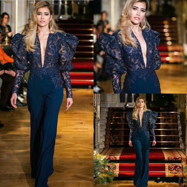 Azul marinho Evening Jumpsuit 2021 Sexy V-neck Puffy Long Sleeve Luxury Suit Lace Applique celebridade do tapete vermelho Prom Dress Pant