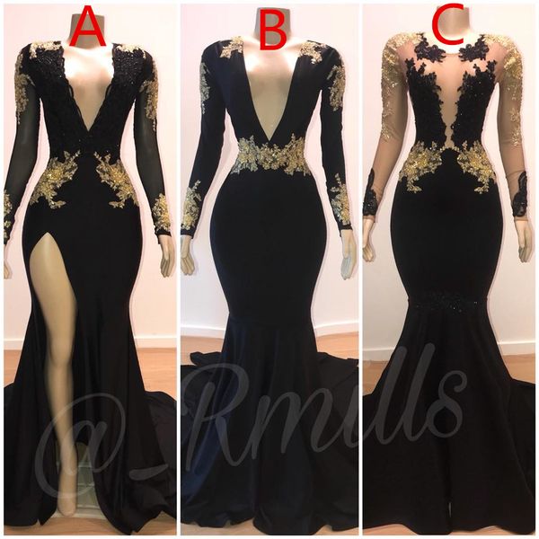 

2020 пром платья русалка sexy gold lace аппликация v-образным вырезом с длинными рукавами иллюзия high side split sweep поезд элегантный веч, Black