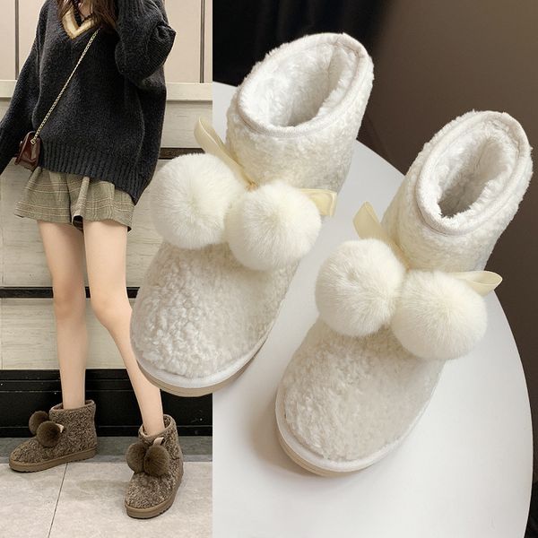 

2019 winter new snow boots women fashion simple solid color plus velvet warm bow decoration casual cotton boots, Black