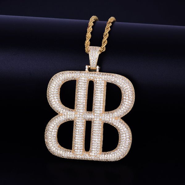 

b letter geometric shape with rope chain necklace gold silver pendant bling cubic zircon hip hop men jewelry