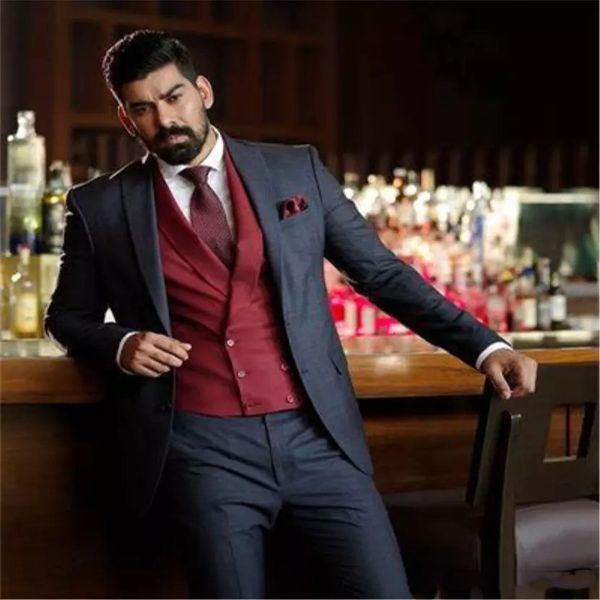 

handsome groomsmen peak lapel groom tuxedos mens wedding dress man jacket blazer prom dinner 3 piece suit(jacket+pants+tie+vest) aa186, Black;gray
