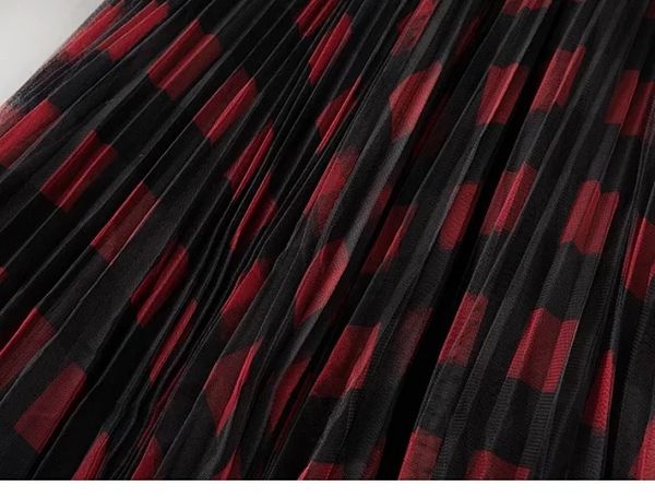 

women skirt new british plaid contrast mesh midi skirt, Black