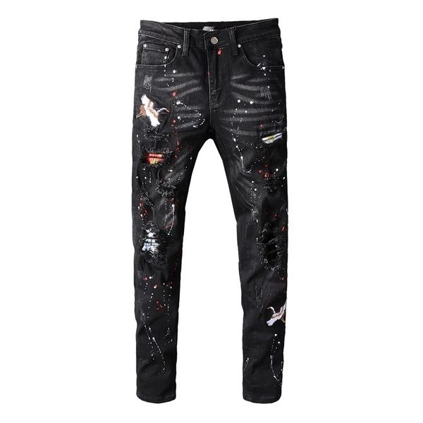 

mens distressed ripped biker jeans slim fit motorcycle biker denim for men fashion designer hip hop black jeans holes pants skinny trousers, Blue