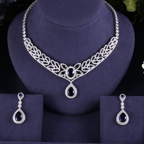 

blue brilliant crystal zircon earrings and necklace bridal jewelry set wedding dress accessaries, Slivery;golden