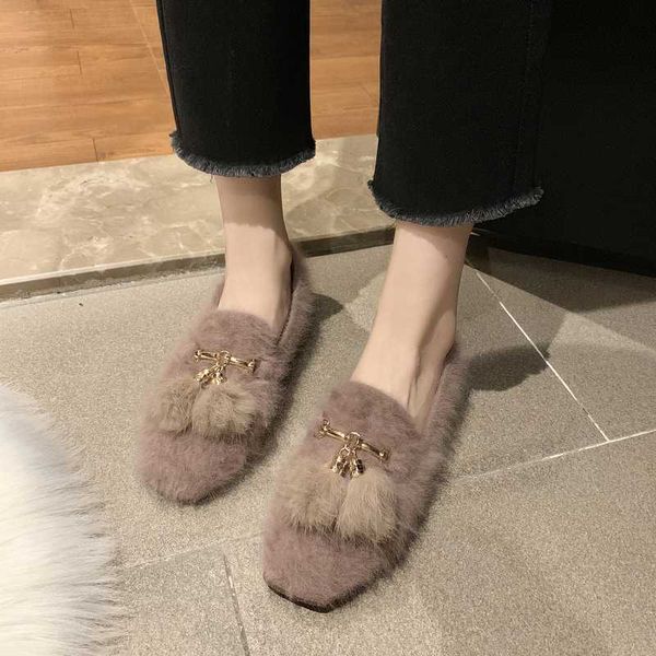 

2020 autumn hairy single shoes women new version of the wild flat fairy shoes student tassel scoop zapatillas mujer w36-59, Black