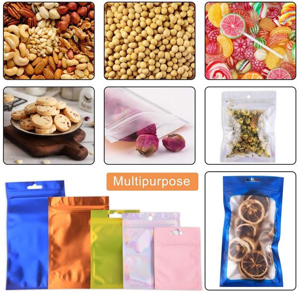 

100 pcs small clear front foil pouch bag, stand up resealable smell proof bags and hanging mylar zip lock bags