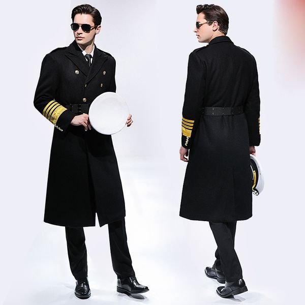 

sea service captain standard woolen trench coat aviation company thickened cotton long coat security concierge seaman woolen coat, White;black