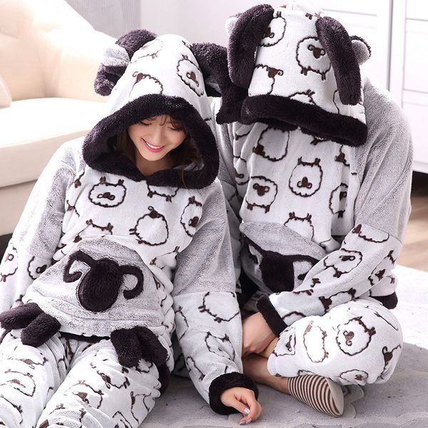 

soft warm women winter goat pajamas set thick warm animal print mens sleepwear suit ears hooded couples home clothing, Black;red