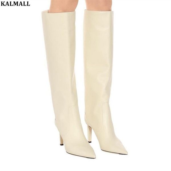 

kalmall runway knee high boots zapatos mujer women pointed toe straight boots beige white black long botas feminino