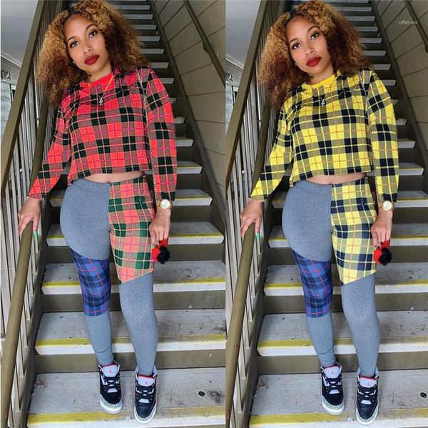 

long sleeve pencil pants womens 2pcs sets casual females clothing plaid panelled womens designer tracksuits fashion, Gray