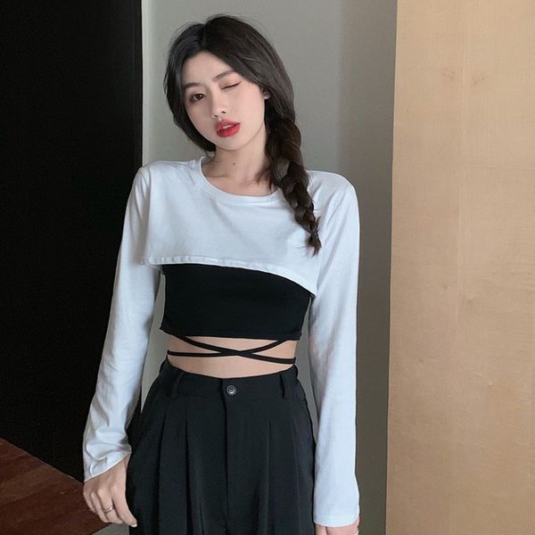 

nana fashion womens clothing store design sense navel short long-sleeved t-shirt strap camisole early autumn suit western style, White