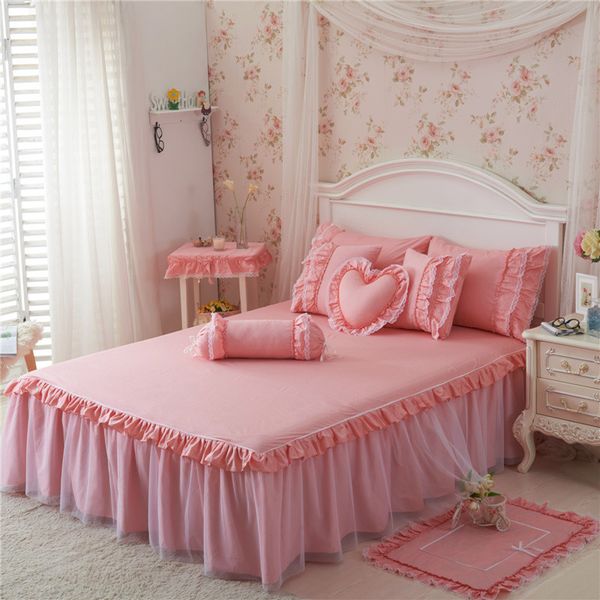 

3pcs pink lace bedspread bed skirt princess bedclothes bed sheet pillowcases girls gift bedding home decoratio twin/queen/king