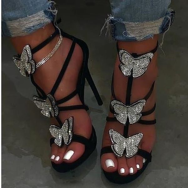 

womens shoes 2020 new sandals with rhinestone bow high heels sandals women hollow thin heels roman, Black