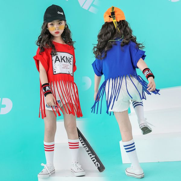 

children fringe hip hop dance costume jazz clothes stage show dance wear ballroom shirt short clothing for boy girl kid, Black;red