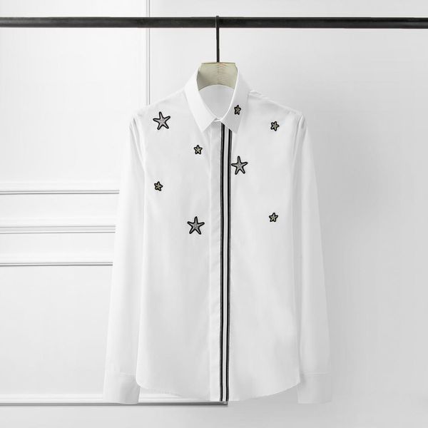 

men shirt luxury stars ribbon 3d embroidery party mens shirts black white long sleeve mens dress shirts plus size 4xl, White;black