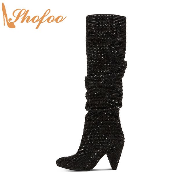 

черный bling high heels cone женщины над коленом boots миндального toe большого размером 13 14 женской мода плиссированных rhinestone обуви, Black
