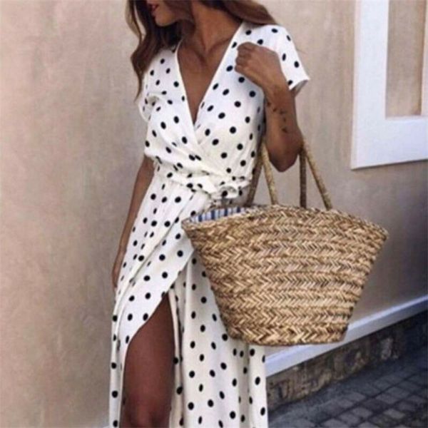 

women new summer vintage polka dots maxi dress female short sleeve lace up bandage v neck dresses lady holiday clubwear vestidos, Black;gray