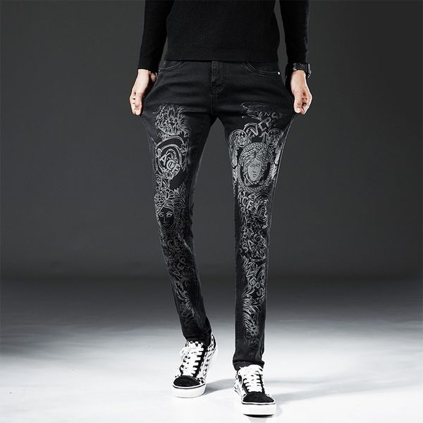 

big brand stretch denim trousers laser printing high-end trend black slim feet autumn and winter printing jeans men, Blue