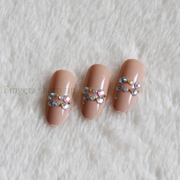 

super long fake nail round head 24pcs solid color nails full diamond crystal drill nail art khaki w19, Red;gold