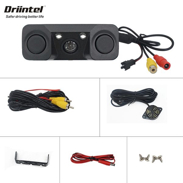 

driintel 3 in 1 waterproof video parking sensor car reverse backup rear view camera with 2 sensors bibi alarm