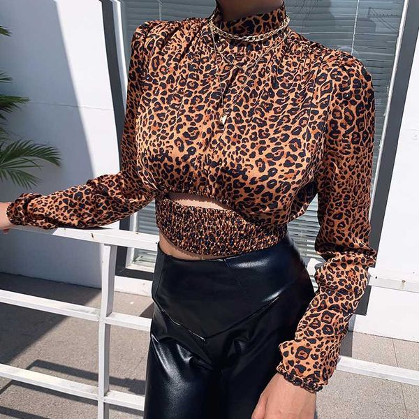 

women blouse long sleeve slim fit casual hollow cropped casual shirts leopard print crop stylish blouse, White