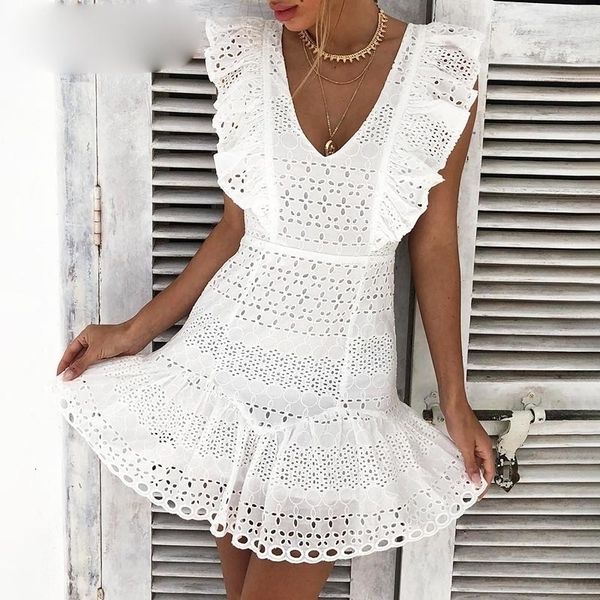 

woman clothing womens designer dress elegant cotton embroidery women summer dress ruffled high waist white dress v neck party mini, Black;gray