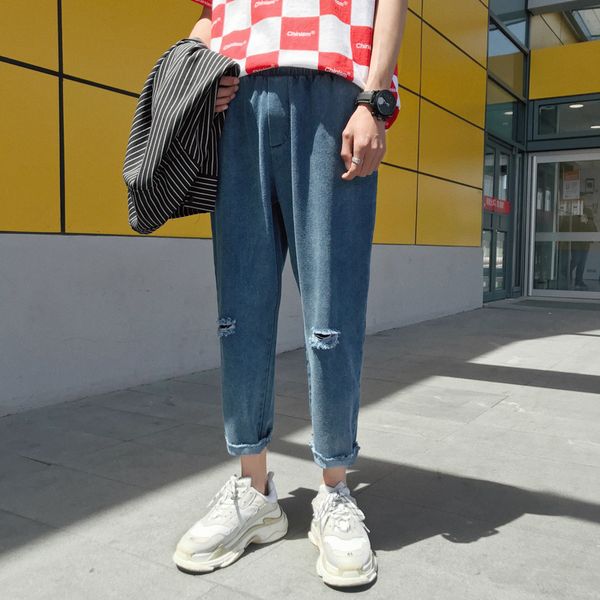 

2019 spring and summer new thin section street shoot youth popular casual trend trousers fashion hole denim cropped pants -2xl, Blue