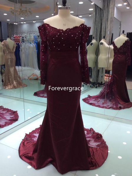 

2019 real ps new arrival burgundy lace applique evening dress modest long sleeves formal party gown custom made plus size, Black;red