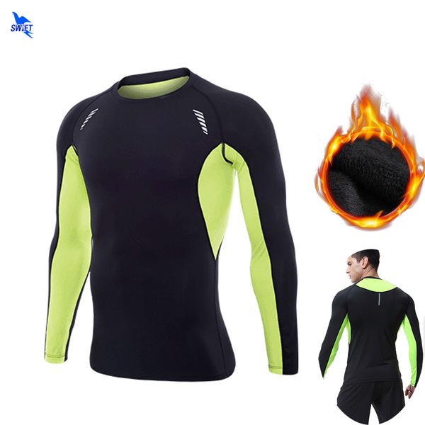 

running jerseys fleece thermal winter compression shirt quick dry long sleeve fitness gym sport patchwork elastic sportswear, Black;blue